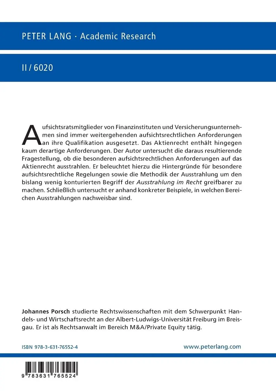 Rückseite: 9783631765524 | Die Qualifikation der Aufsichtsratsmitglieder | Johannes Porsch | Buch