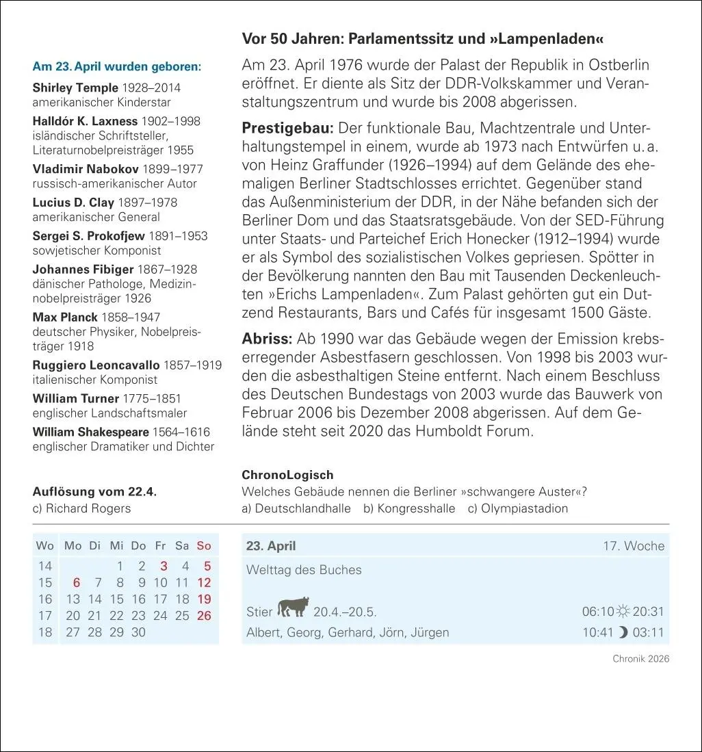 Bild: 9783840035524 | Chronik Tagesabreißkalender 2026 - Kulturkalender - Personen,...
