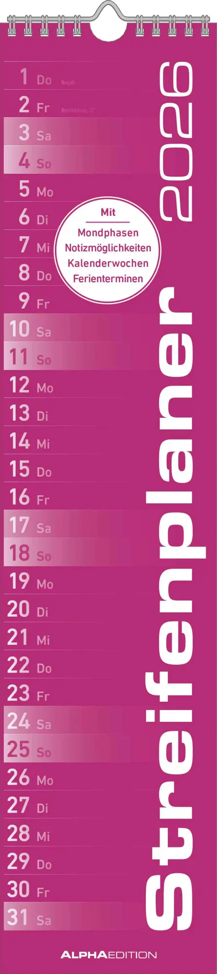 Cover: 4069095005624 | Streifenplaner PINK 2026 - Streifenkalender - Wandplaner -...