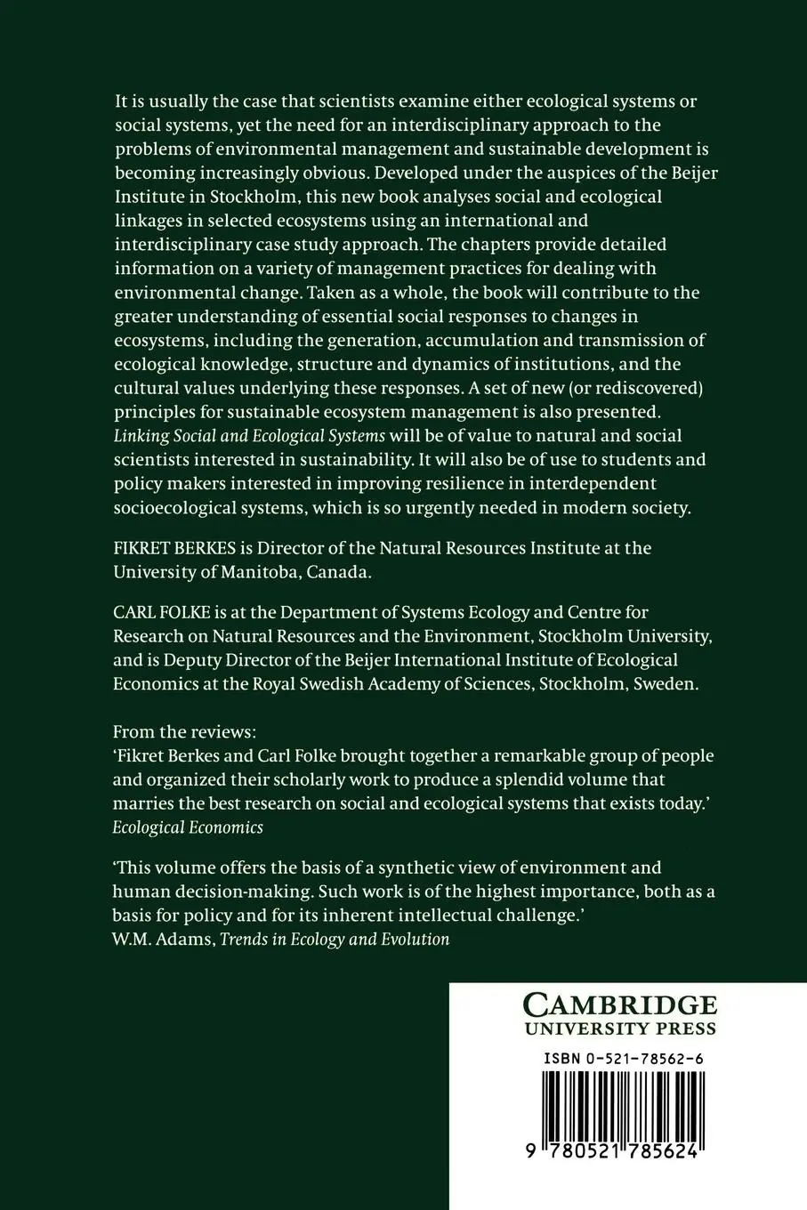Rückseite: 9780521785624 | Linking Social and Ecological Systems | Fikret Berkes (u. a.) | Buch