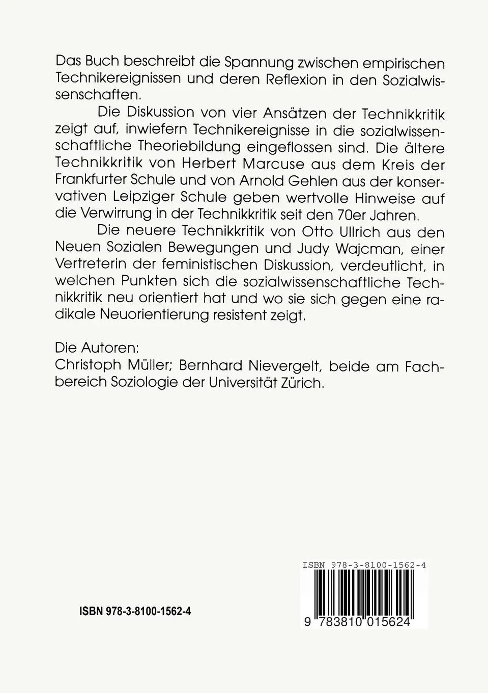 Rückseite: 9783810015624 | Technikkritik in der Moderne | Bernhard Nievergelt (u. a.) | Buch