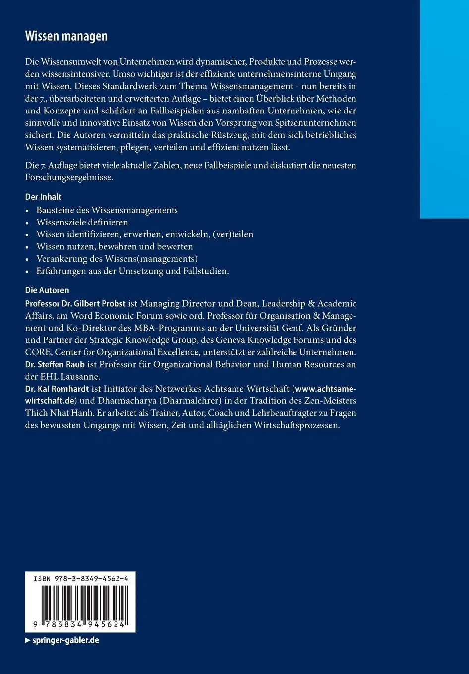 Rückseite: 9783834945624 | Wissen managen | Gilbert Probst (u. a.) | Buch | XIII | Deutsch | 2013