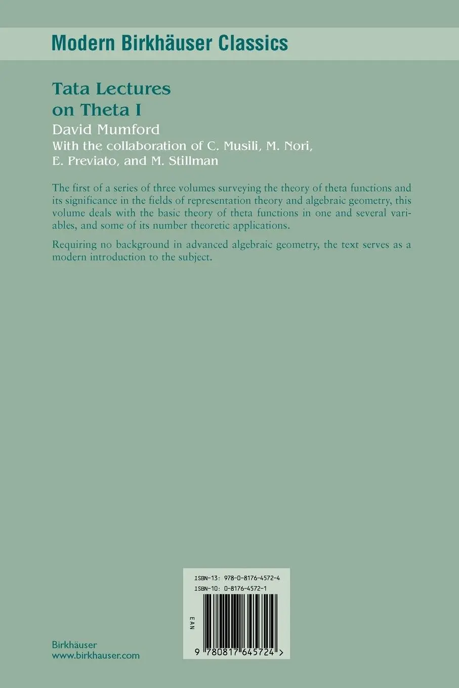 Rückseite: 9780817645724 | Tata Lectures on Theta I | David Mumford | Taschenbuch | xvi | 2006