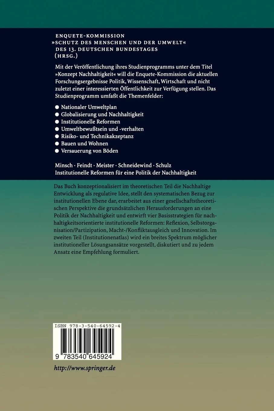 Rückseite: 9783540645924 | Institutionelle Reformen für eine Politik der Nachhaltigkeit | Buch