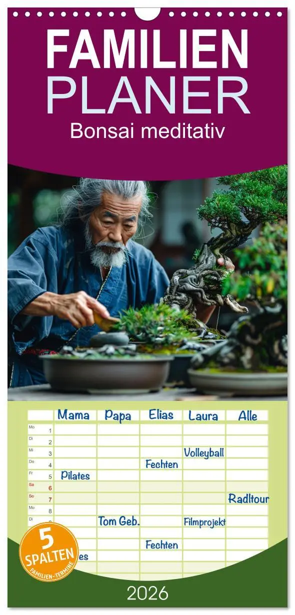 Cover: 9783516496024 | Familienplaner 2026 - Bonsai meditativ mit 5 Spalten (Wandkalender,...