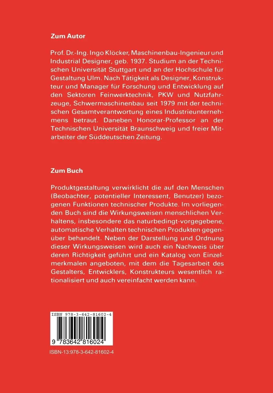 Rückseite: 9783642816024 | Produktgestaltung | Aufgabe - Kriterien - Ausführung | I. Klöcker | x
