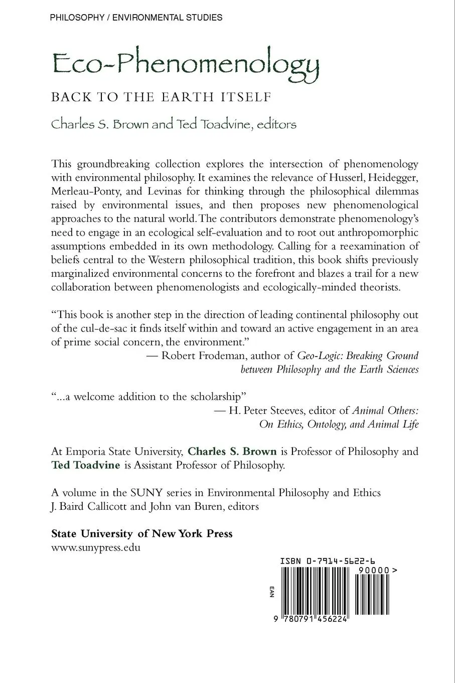 Rückseite: 9780791456224 | Eco-Phenomenology | Back to the Earth Itself | Brown (u. a.) | Buch