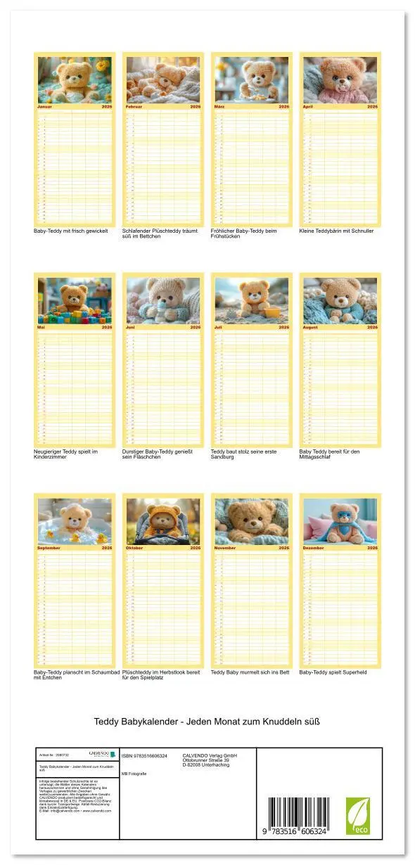 Bild: 9783516606324 | Familienplaner 2026 - Teddy Babykalender - Jeden Monat zum Knuddeln...