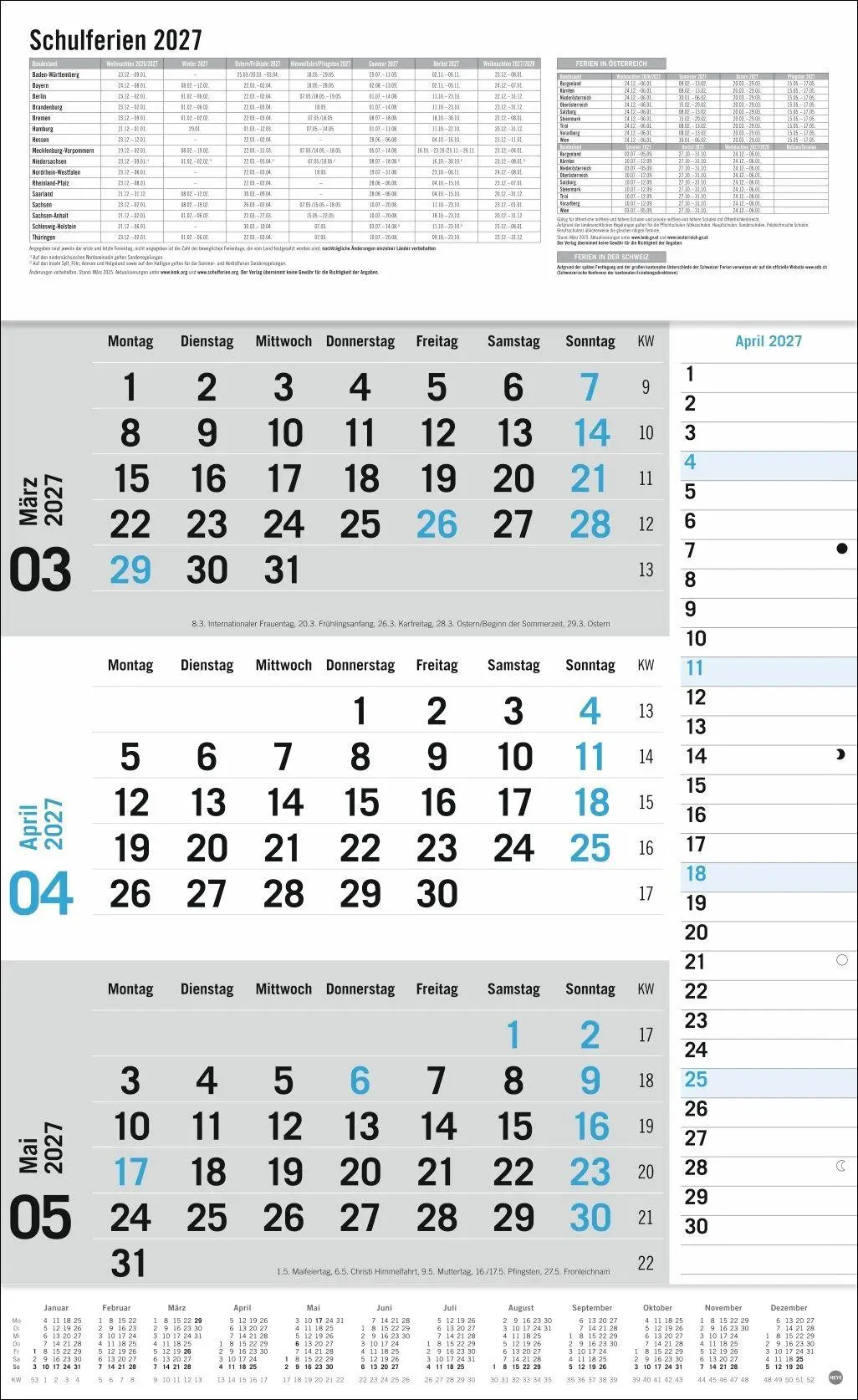 Bild: 9783756416424 | 3-Monats-Planer Klappfälzel 2027 | Heye | Kalender | Spiralbindung
