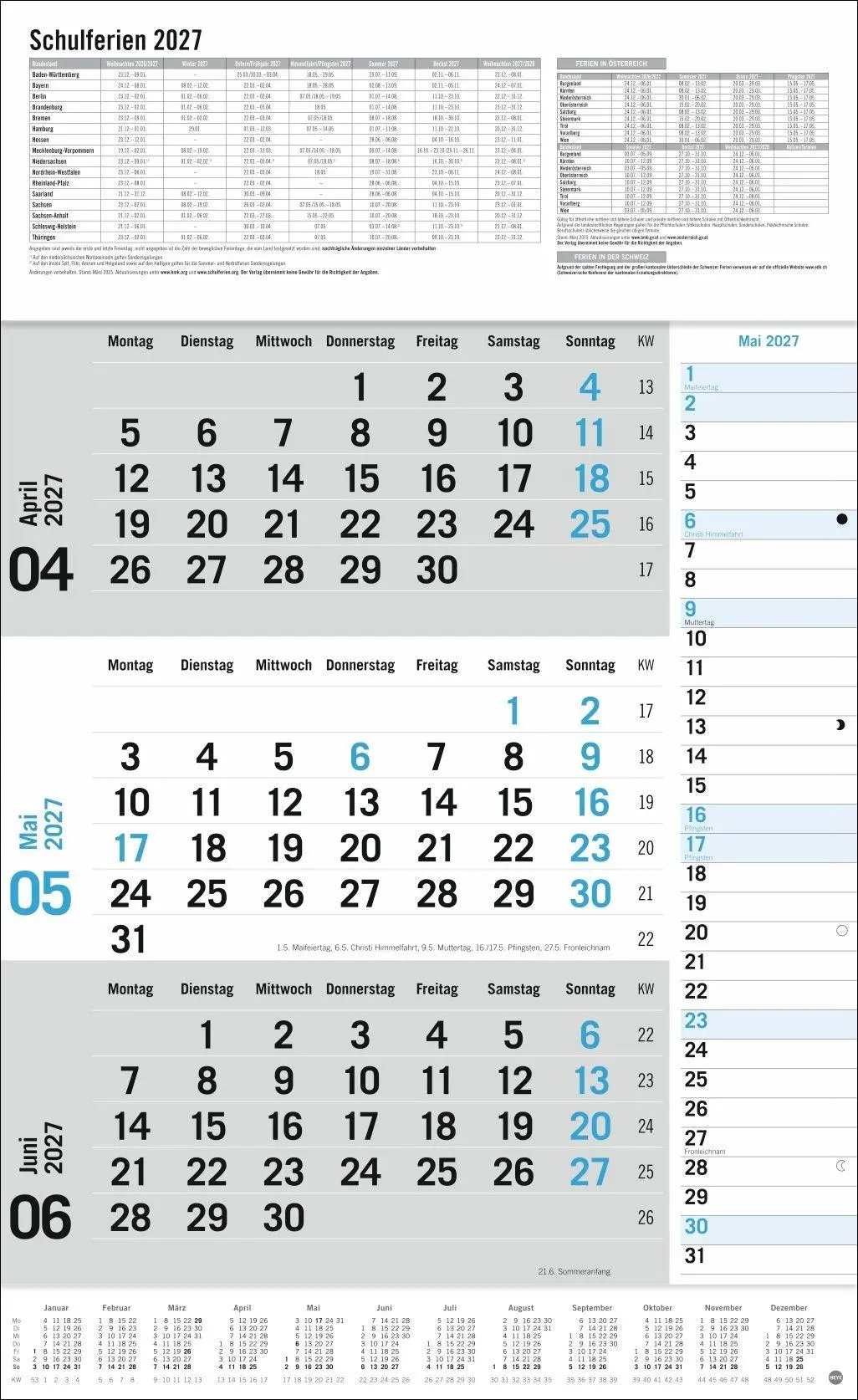 Bild: 9783756416424 | 3-Monats-Planer Klappfälzel 2027 | Heye | Kalender | Spiralbindung