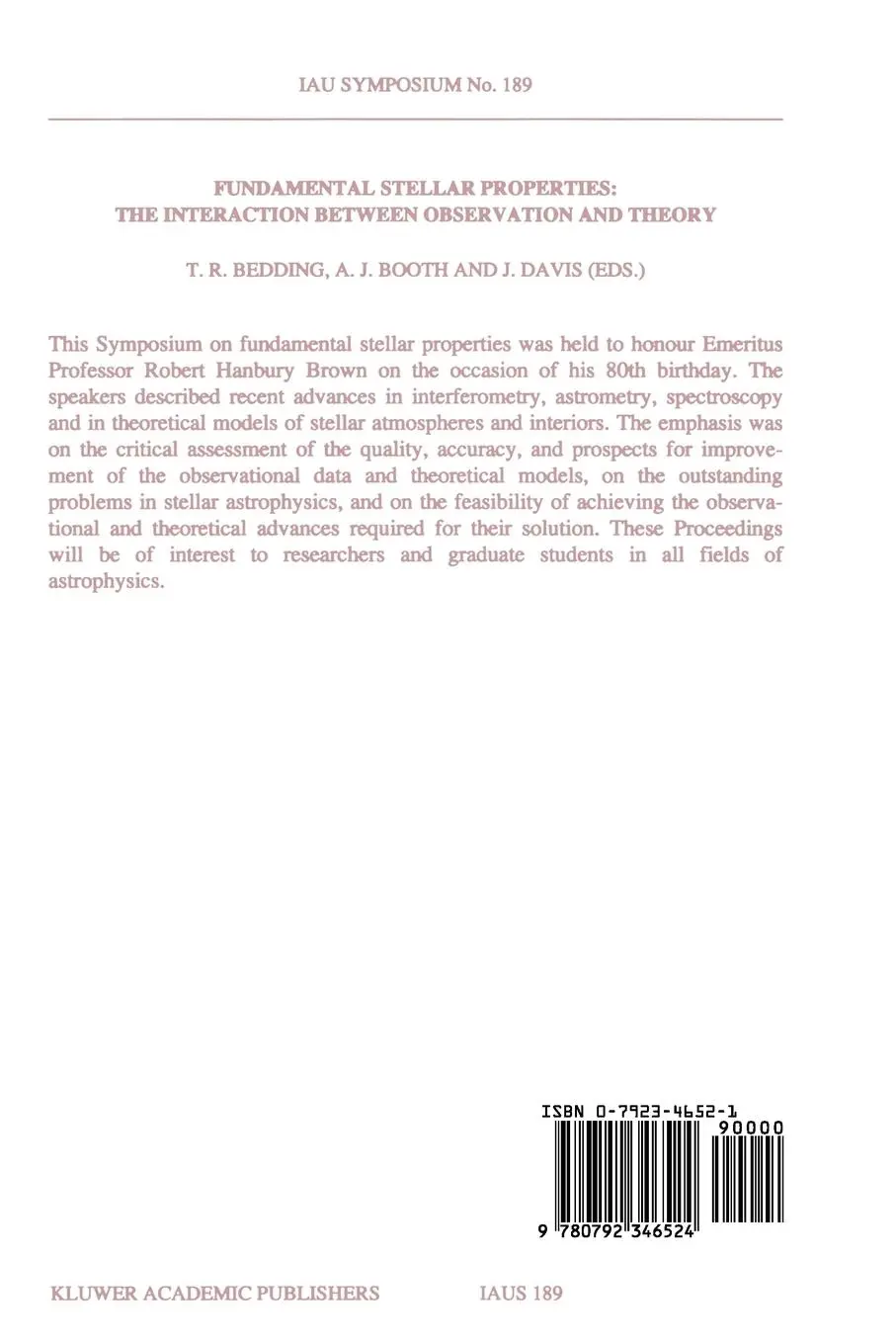 Rückseite: 9780792346524 | Fundamental Stellar Properties: The Interaction Between Observation...