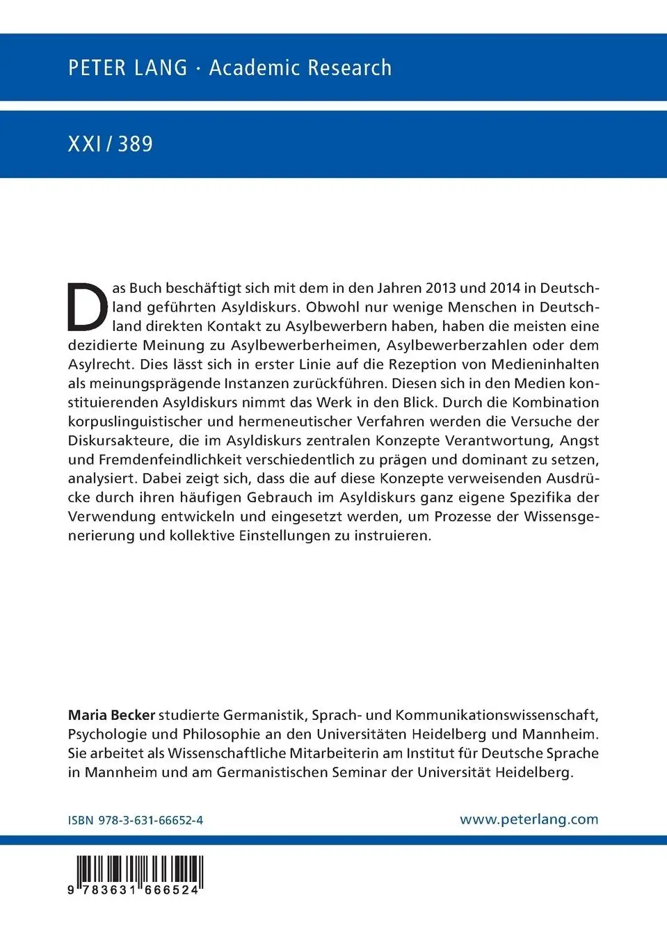 Rückseite: 9783631666524 | Der Asyldiskurs in Deutschland | Maria Becker | Taschenbuch | Deutsch