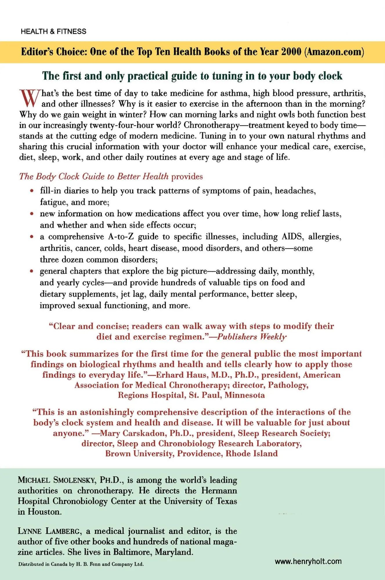 Rückseite: 9780805056624 | The Body Clock Guide to Better Health | Michael Smolensky (u. a.)