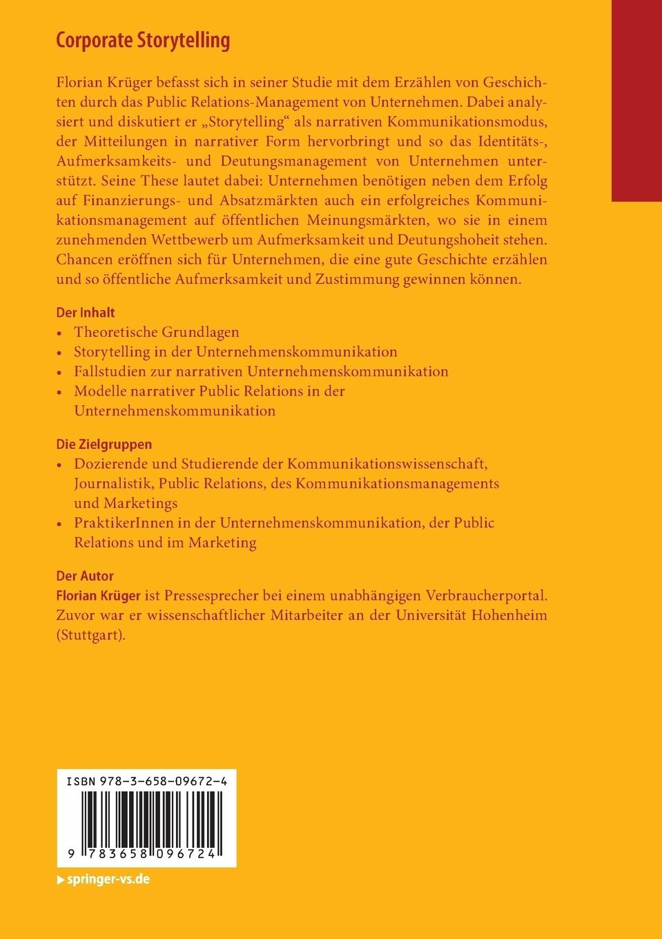 Rückseite: 9783658096724 | Corporate Storytelling | Florian Krüger | Taschenbuch | xiv | Deutsch