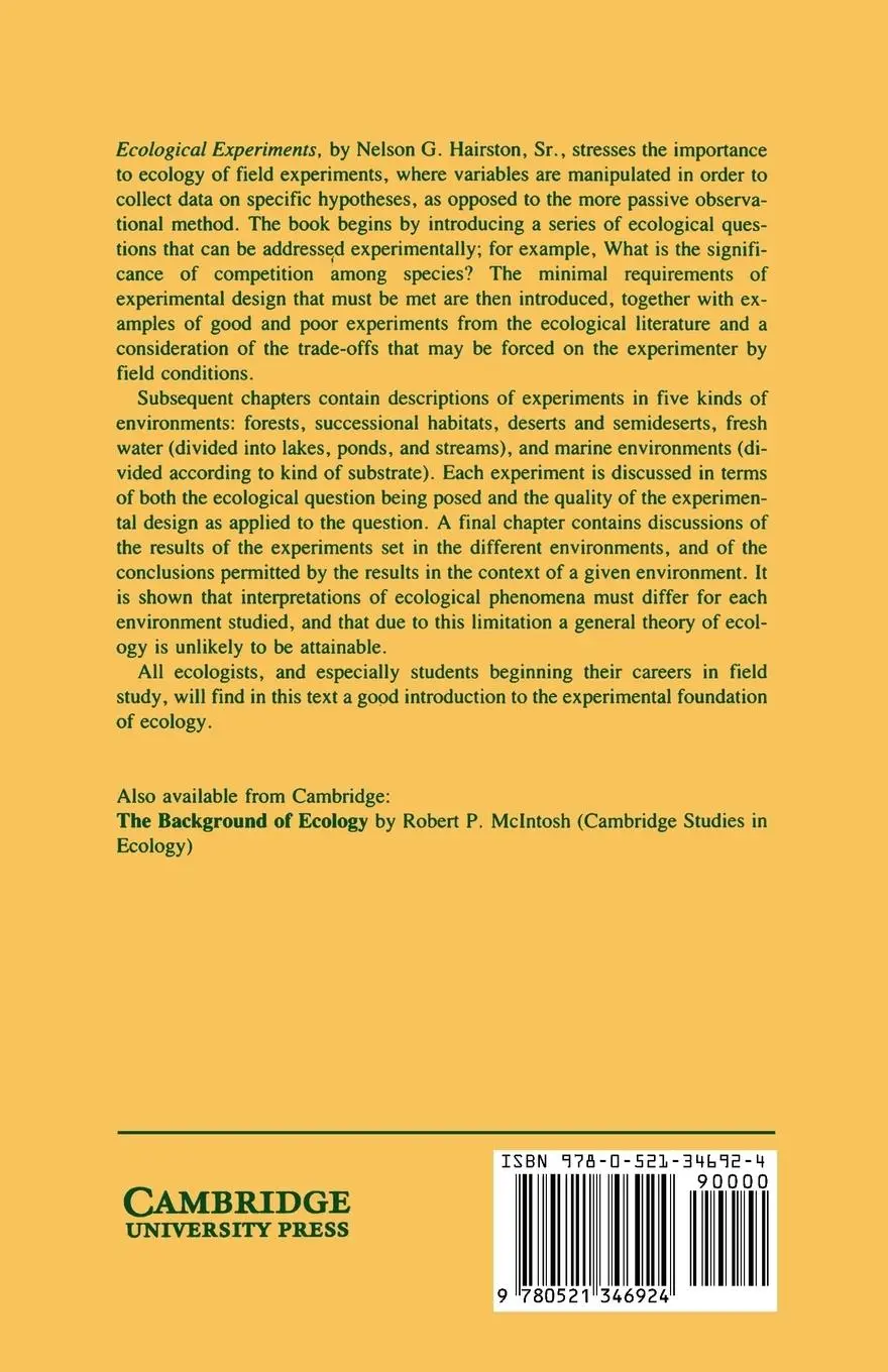 Rückseite: 9780521346924 | Ecological Experiments | Purpose, Design and Execution | Hairston
