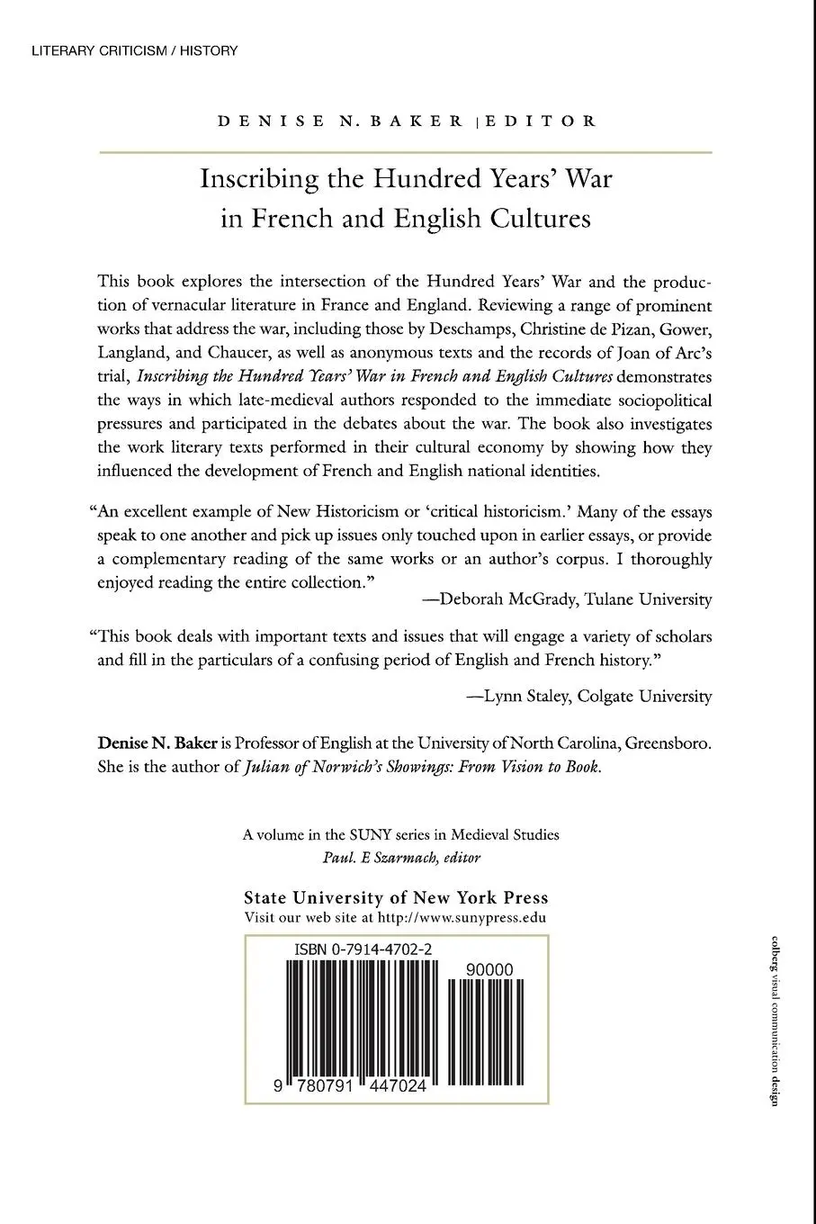 Rückseite: 9780791447024 | Inscribing the Hundred Years' War in French and English Cultures