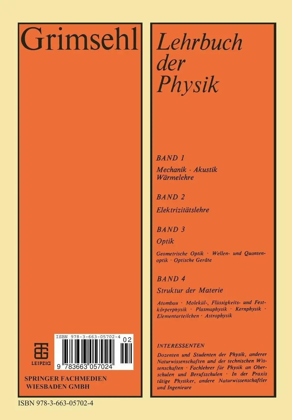 Rückseite: 9783663057024 | Grimsehl Lehrbuch der Physik | Band 2: Elektrizitätslehre | Gradewald