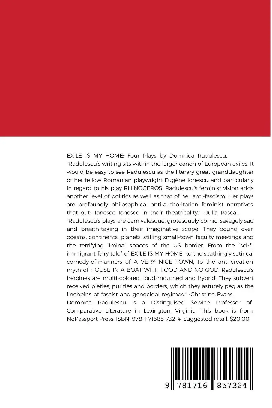 Rückseite: 9781716857324 | Exile is My Home | Domnica Radulescu | Taschenbuch | Englisch | 2020