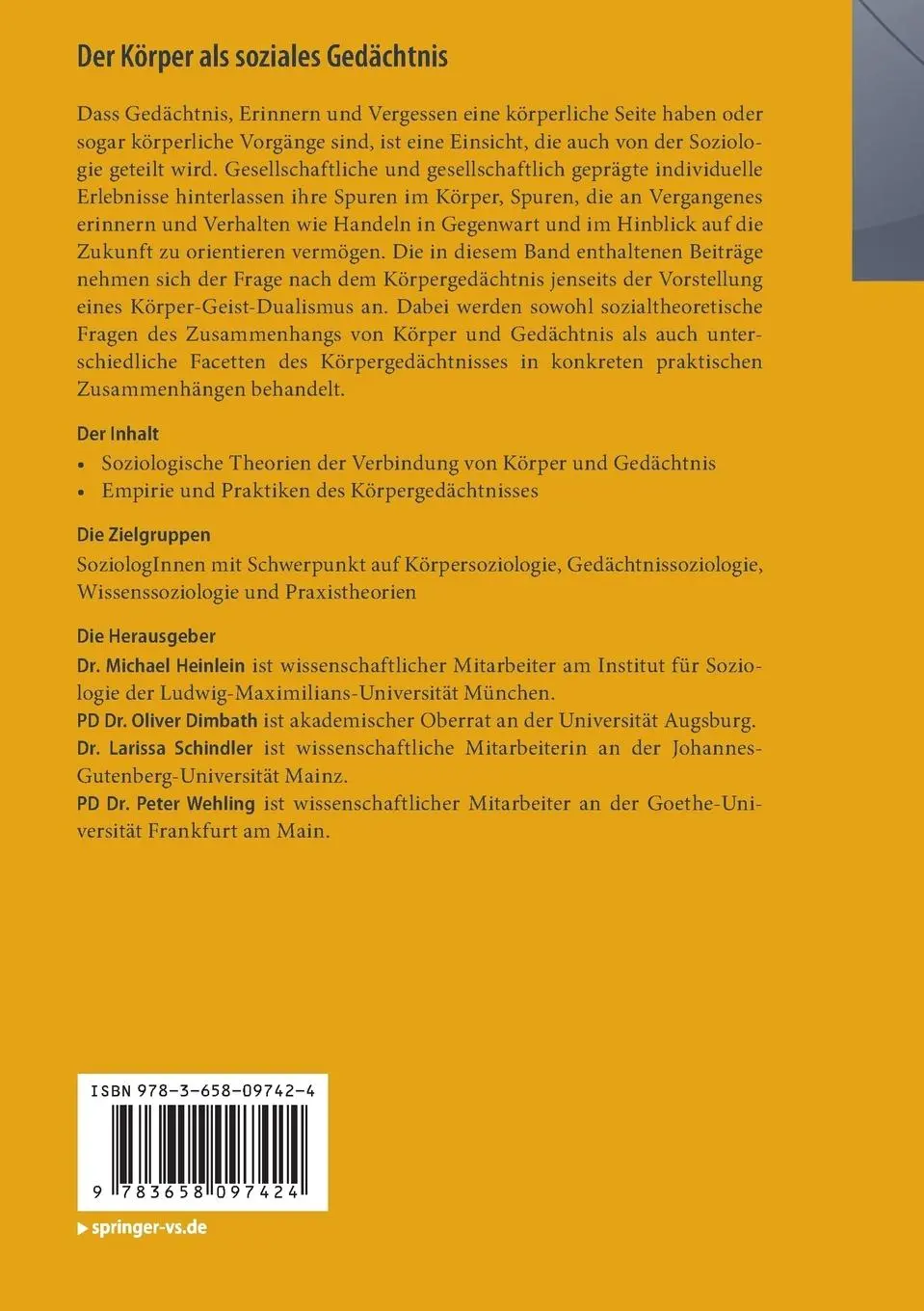 Rückseite: 9783658097424 | Der Körper als soziales Gedächtnis | Michael Heinlein (u. a.) | Buch