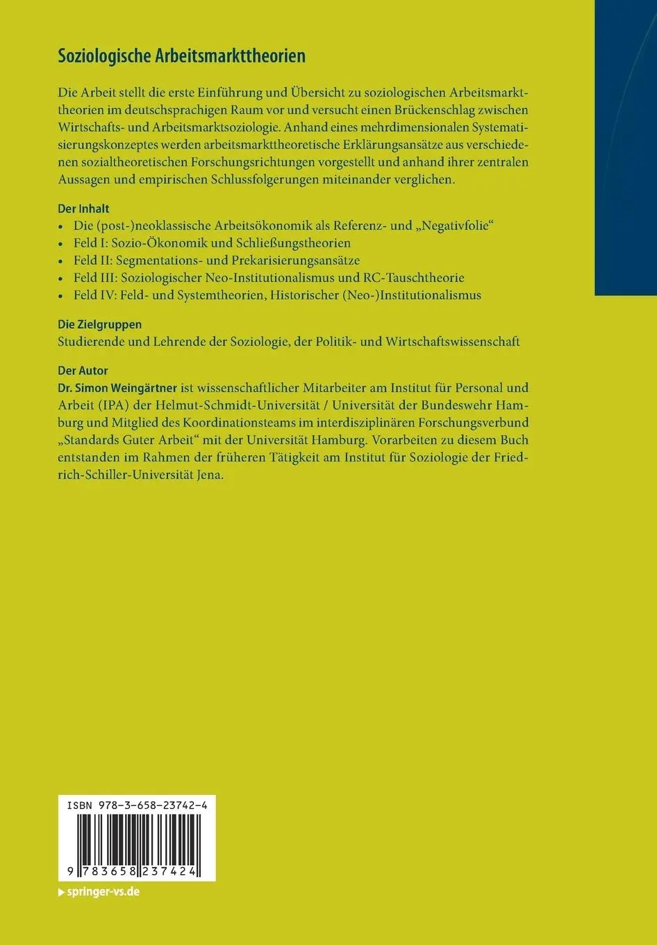 Rückseite: 9783658237424 | Soziologische Arbeitsmarkttheorien | Ein Überblick | Simon Weingärtner