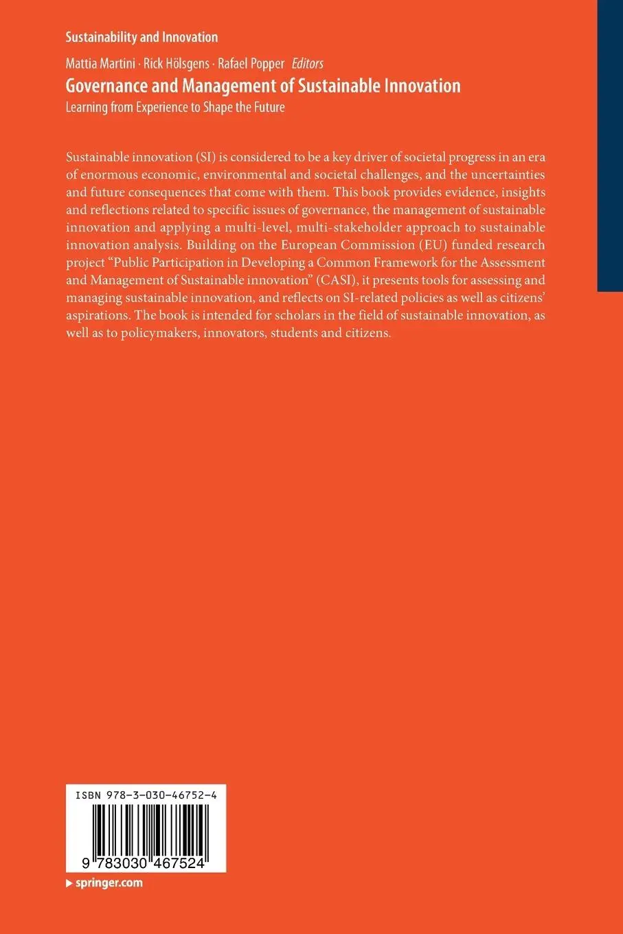 Rückseite: 9783030467524 | Governance and Management of Sustainable Innovation | Martini (u. a.)