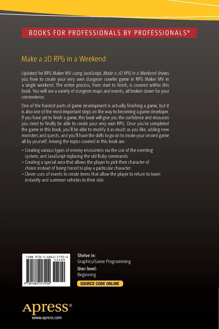 Rückseite: 9781484217924 | Make a 2D RPG in a Weekend | Second Edition: With RPG Maker MV | Perez