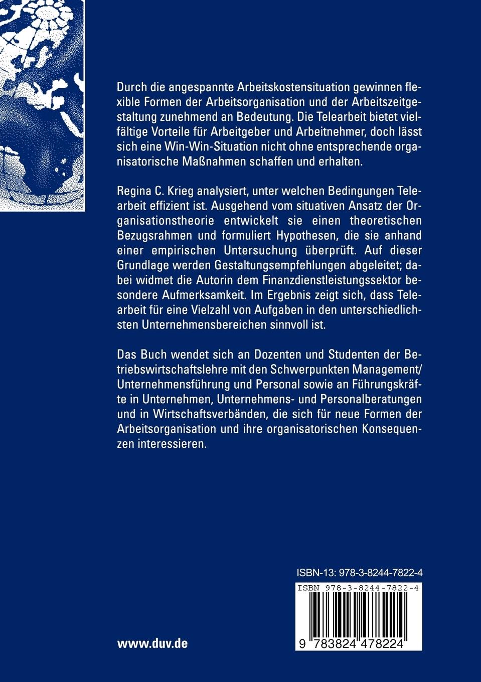 Rückseite: 9783824478224 | Realisierung von Telearbeit | Regina Krieg | Taschenbuch | xxii | 2003