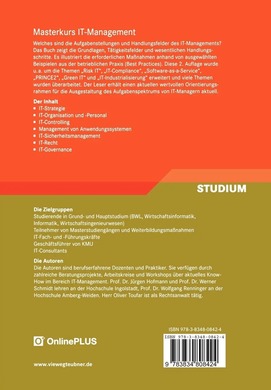 Rückseite: 9783834808424 | Masterkurs IT-Management | Jürgen Hofmann (u. a.) | Taschenbuch | xiv