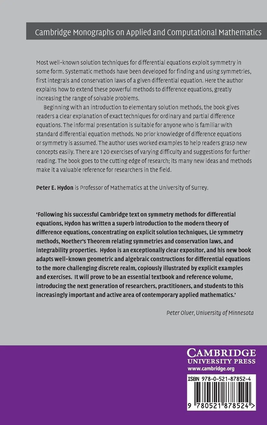 Rückseite: 9780521878524 | Difference Equations by Differential Equation Methods | Peter E. Hydon