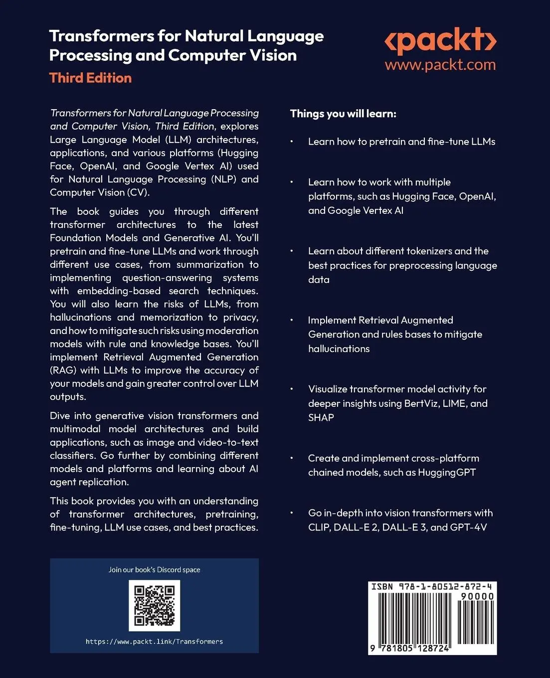 Rückseite: 9781805128724 | Transformers for Natural Language Processing and Computer Vision -...