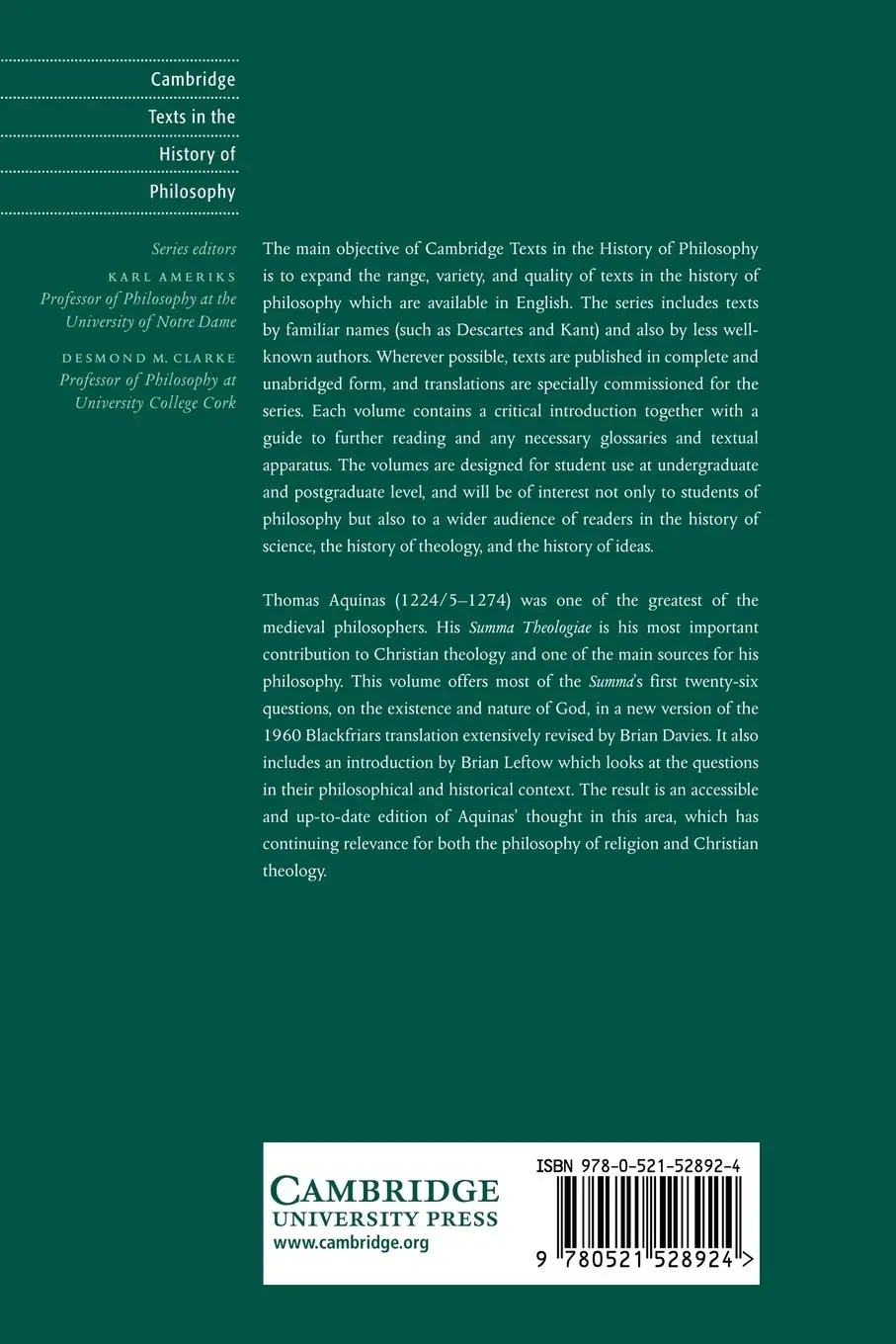 Rückseite: 9780521528924 | Aquinas | Summa Theologiae, Questions on God | Brian Leftow (u. a.)