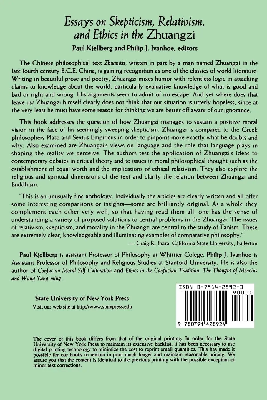 Rückseite: 9780791428924 | Essays on Skepticism, Relativism, and Ethics in the Zhuangzi | Buch