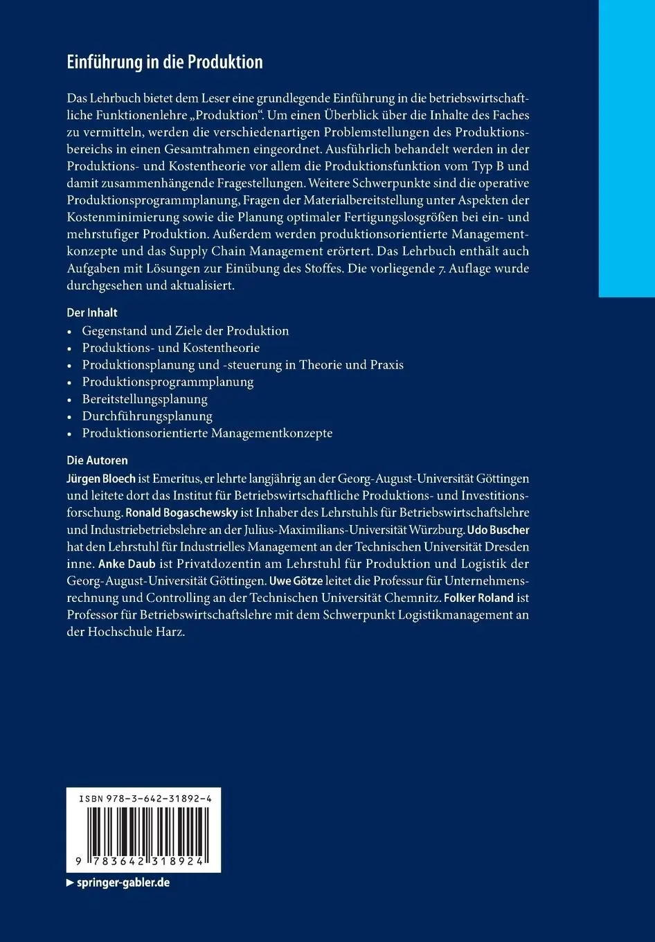 Rückseite: 9783642318924 | Einführung in die Produktion | Jürgen Bloech (u. a.) | Taschenbuch