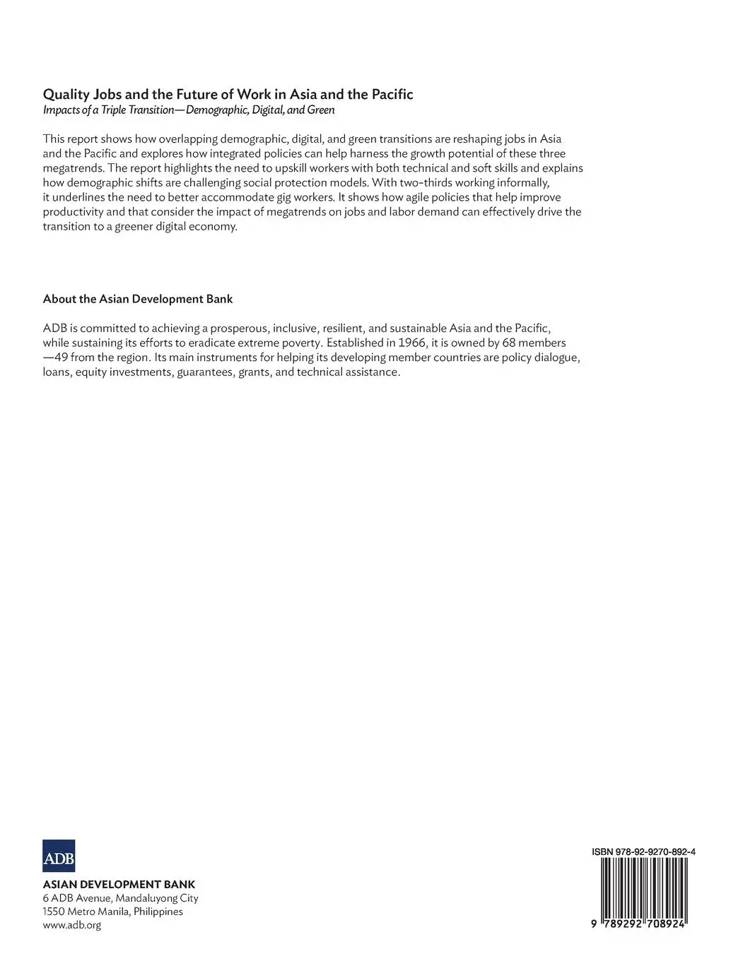 Rückseite: 9789292708924 | Quality Jobs and the Future of Work in Asia and the Pacific | Bank