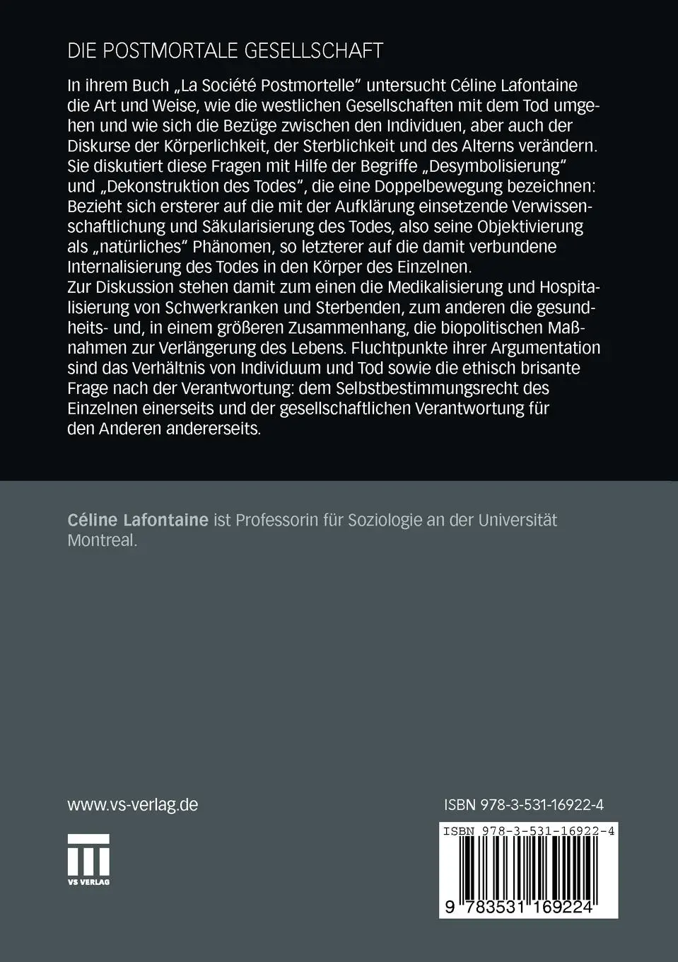 Rückseite: 9783531169224 | Die postmortale Gesellschaft | Céline Lafontaine | Taschenbuch | 2010