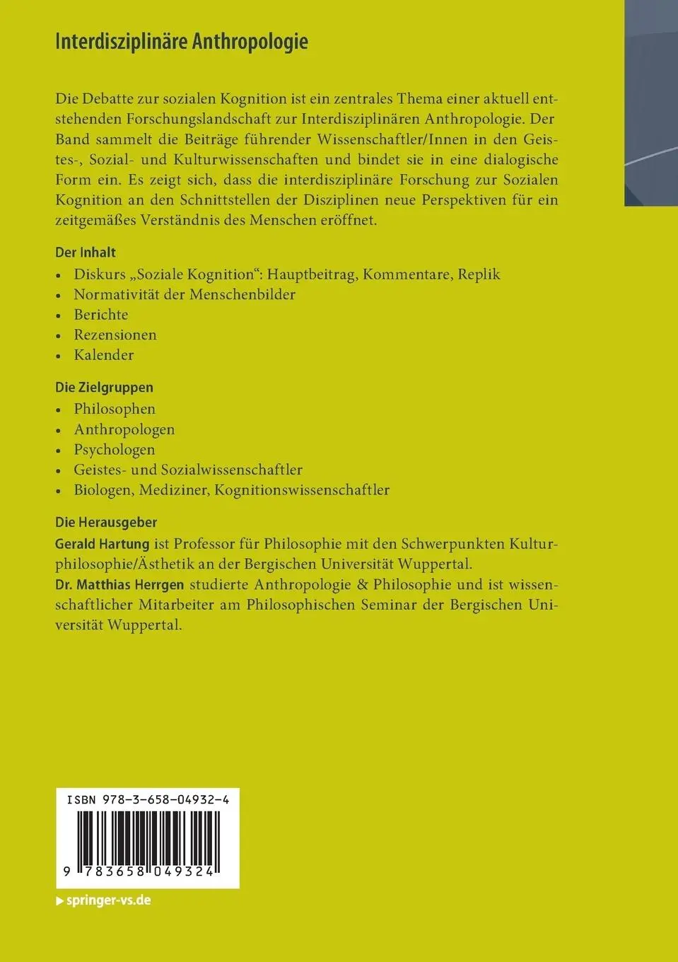 Rückseite: 9783658049324 | Interdisziplinäre Anthropologie | Jahrbuch 1/2013: Soziale Kognition