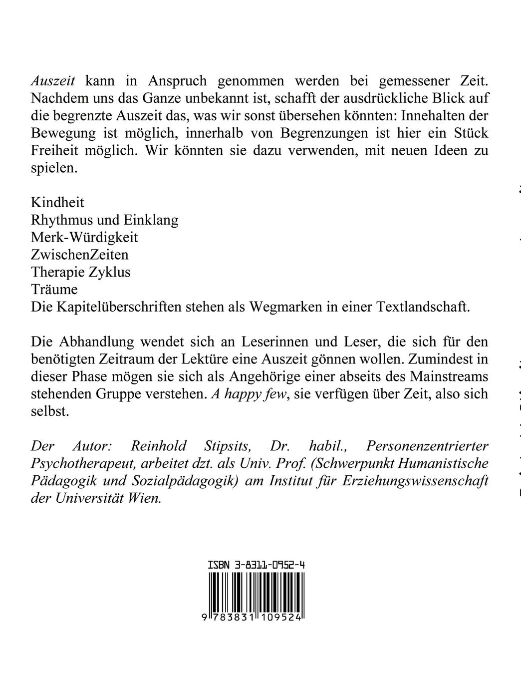 Rückseite: 9783831109524 | Auszeit. Verweilen bei sich selbst. Essays. | Reinhold Stipsits | Buch