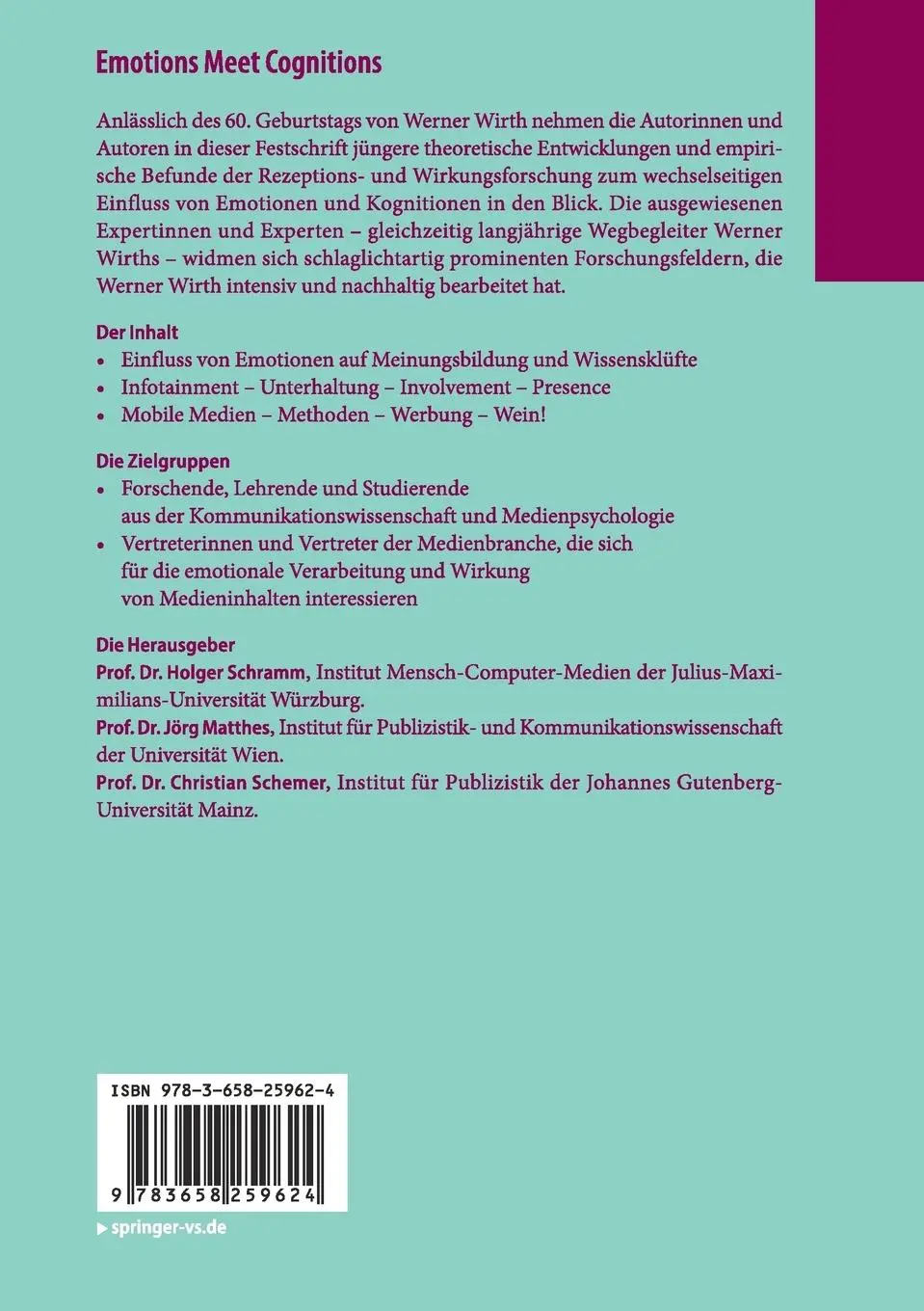 Rückseite: 9783658259624 | Emotions Meet Cognitions | Holger Schramm (u. a.) | Taschenbuch | x