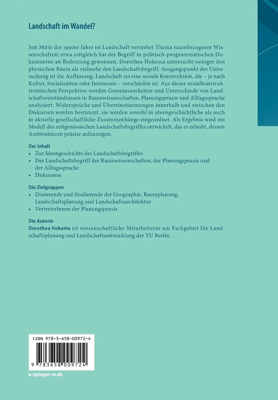 Rückseite: 9783658009724 | Landschaft im Wandel? | Dorothea Hokema | Taschenbuch | viii | Deutsch