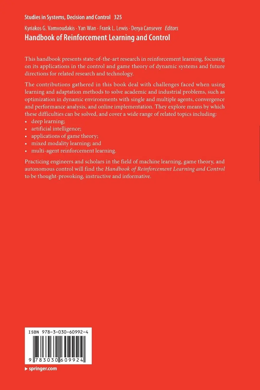 Rückseite: 9783030609924 | Handbook of Reinforcement Learning and Control | Vamvoudakis (u. a.)