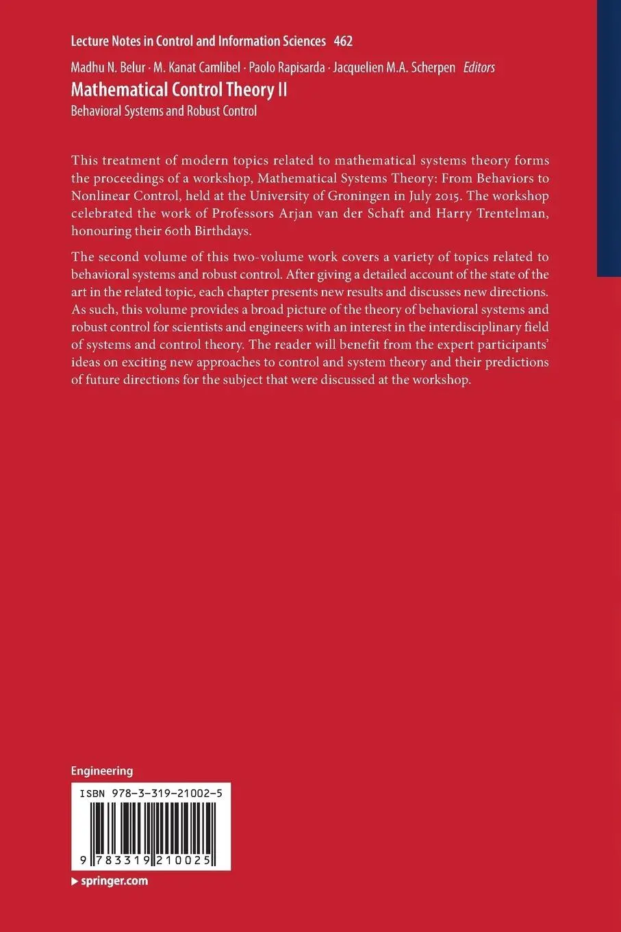 Rückseite: 9783319210025 | Mathematical Control Theory II | Behavioral Systems and Robust Control