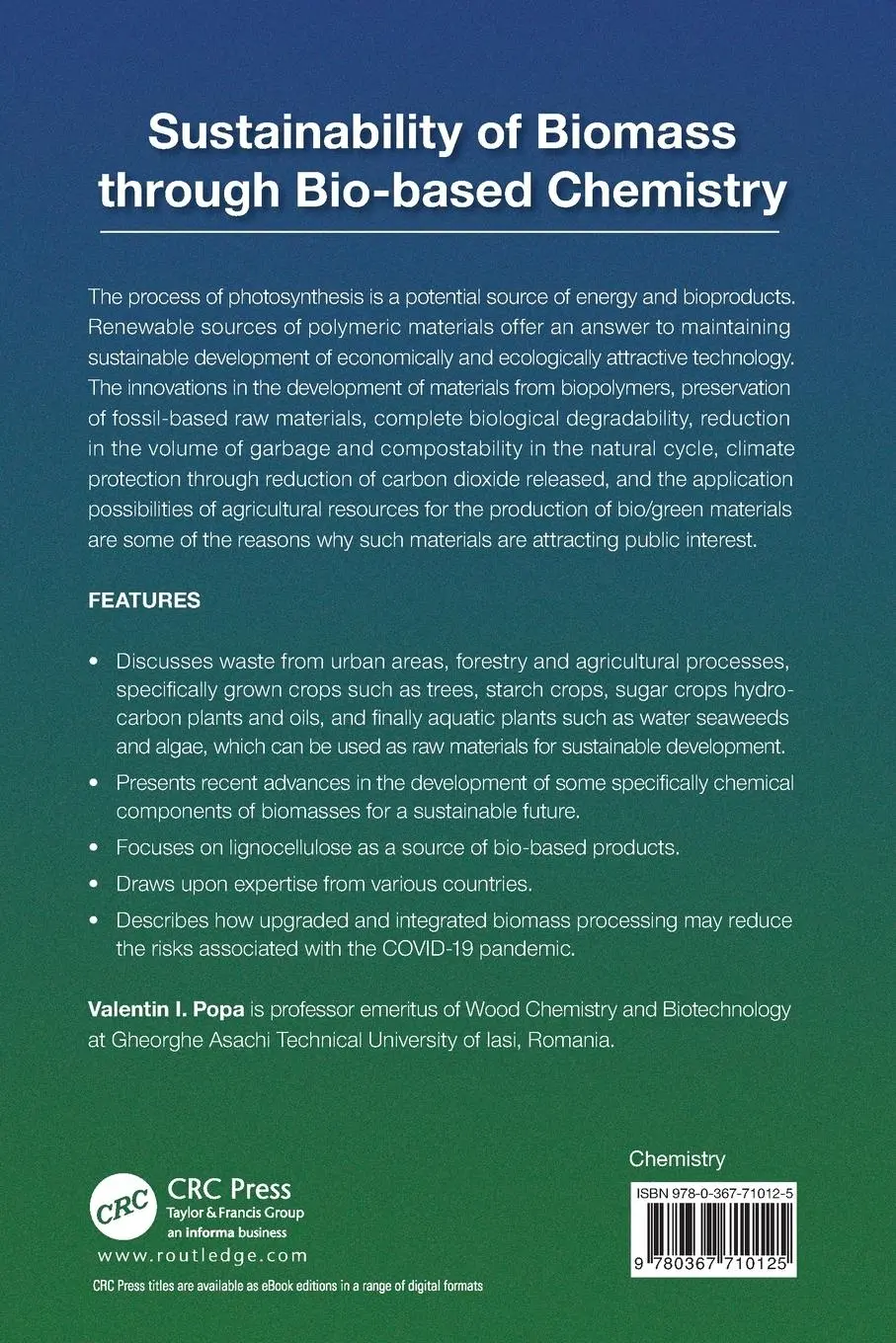 Rückseite: 9780367710125 | Sustainability of Biomass through Bio-based Chemistry | Valentin Popa