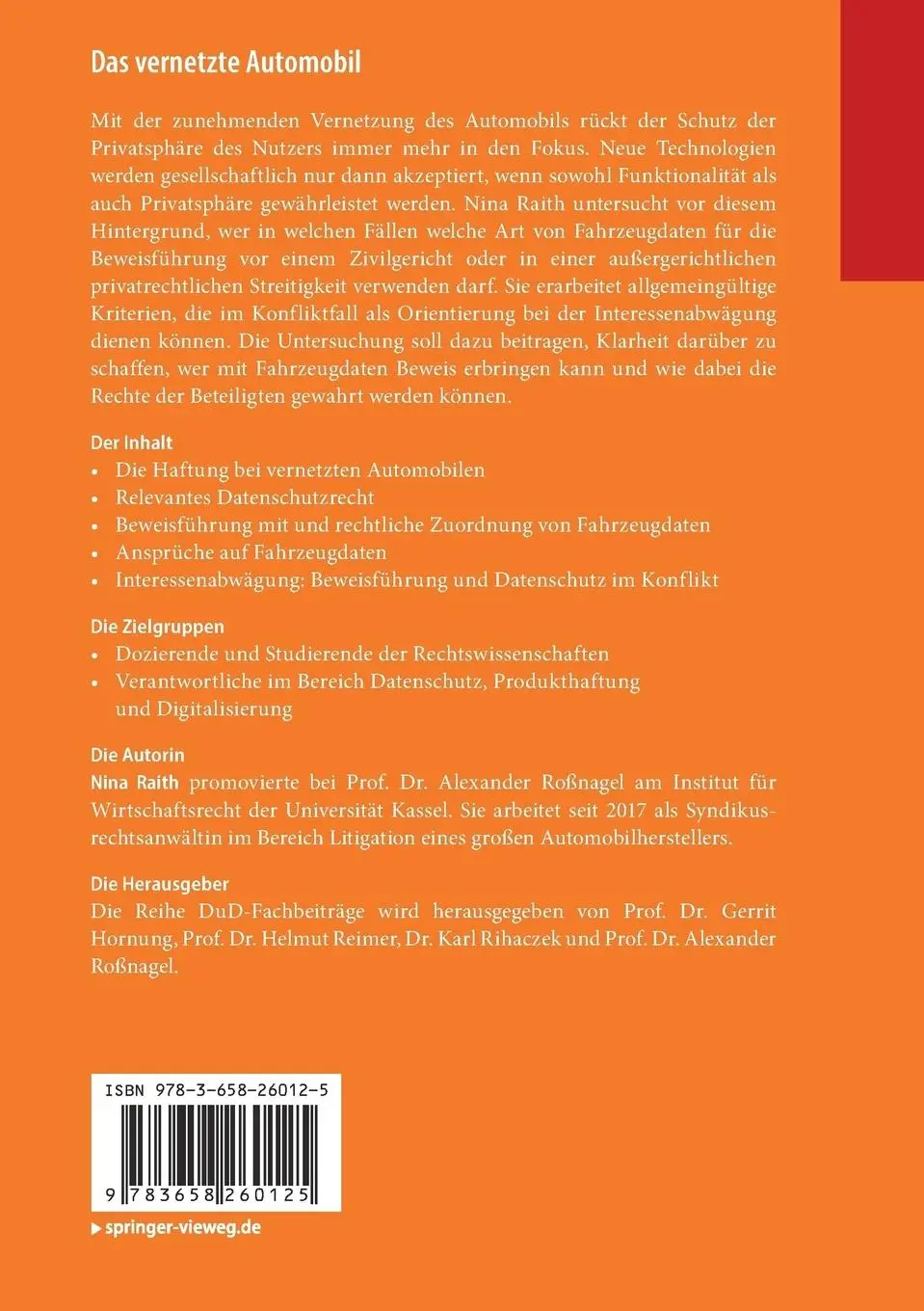 Rückseite: 9783658260125 | Das vernetzte Automobil | Nina Raith | Taschenbuch | DuD-Fachbeiträge