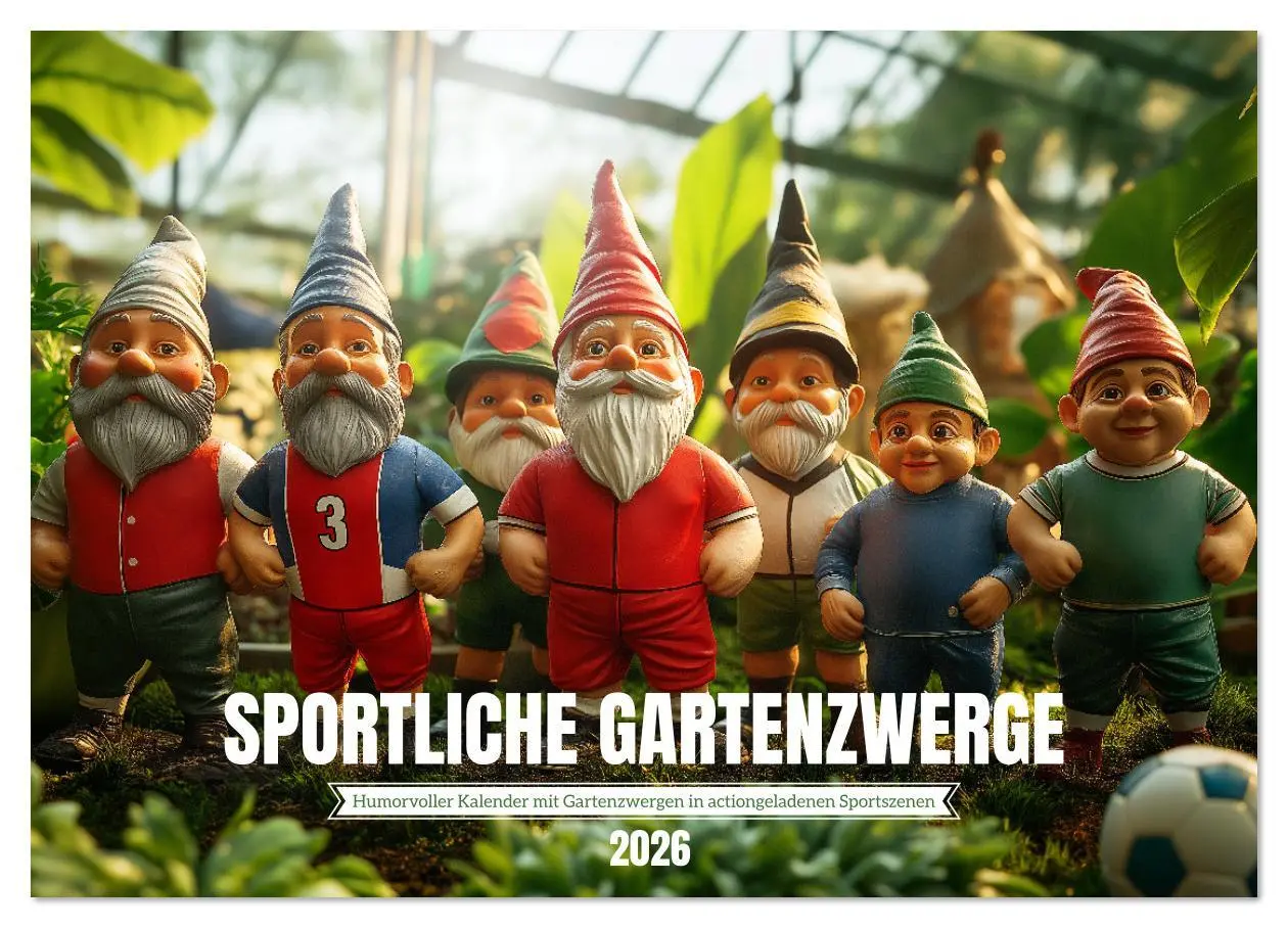 Cover: 9783457340325 | Sportliche Gartenzwerge (Wandkalender 2026 DIN A2 quer), CALVENDO...