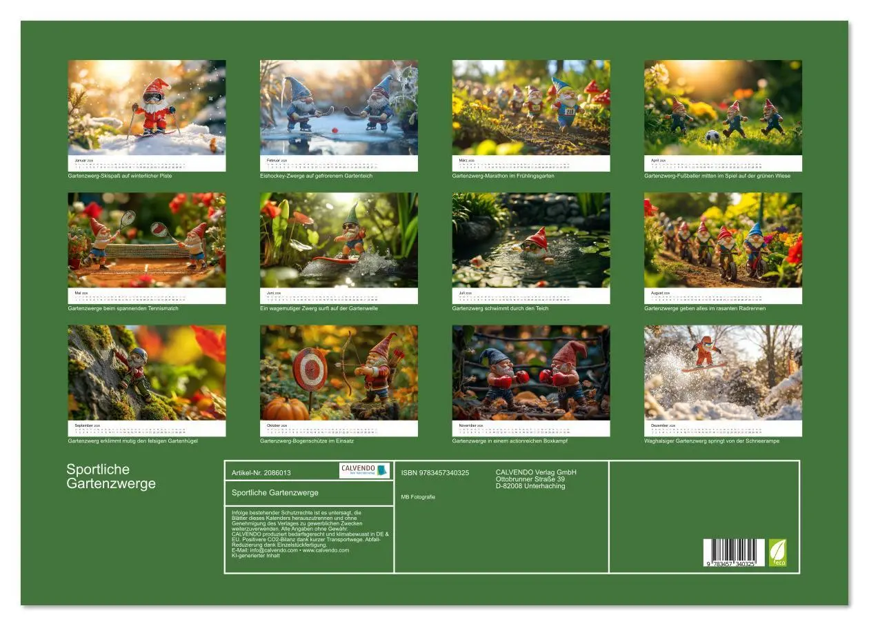 Bild: 9783457340325 | Sportliche Gartenzwerge (Wandkalender 2026 DIN A2 quer), CALVENDO...