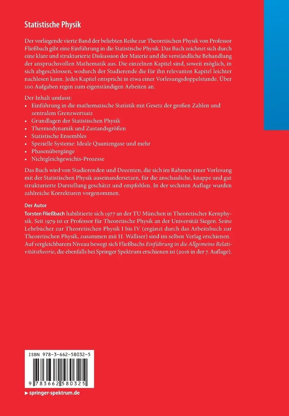 Rückseite: 9783662580325 | Statistische Physik | Lehrbuch zur Theoretischen Physik IV | Fließbach