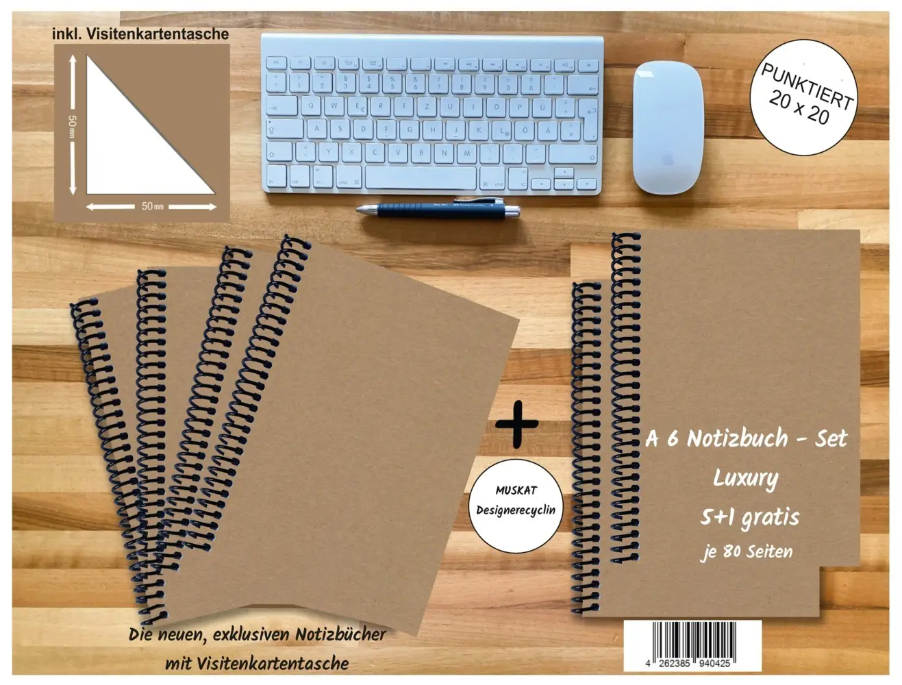 A 6 Notizbuch - Set, 4+2 gratis, Luxury 80 Seiten MUSKAT Designerecycling, punktiert 20x20mm