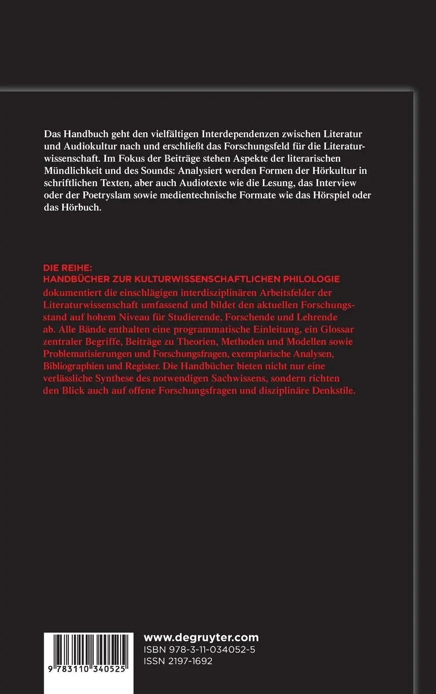 Rückseite: 9783110340525 | Handbuch Literatur &amp; Audiokultur | Natalie Binczek (u. a.) | Buch