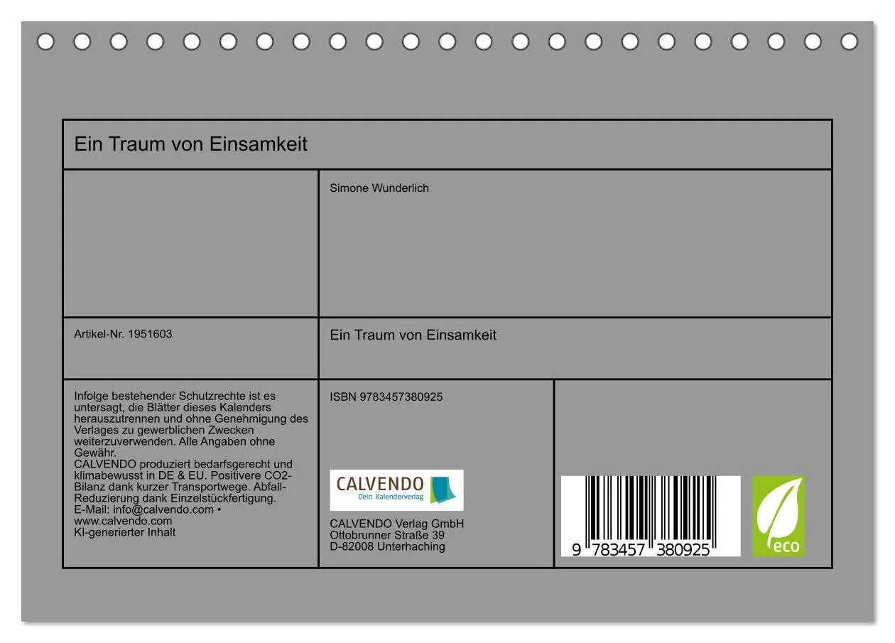 Bild: 9783457380925 | Ein Traum von Einsamkeit (Tischkalender 2026 DIN A5 quer), CALVENDO...