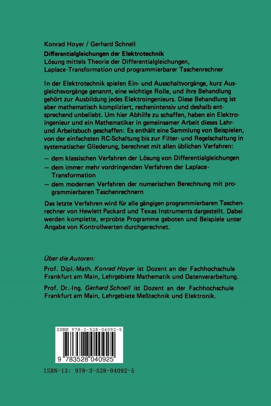 Rückseite: 9783528040925 | Differentialgleichungen der Elektrotechnik | Gerhard Schnell (u. a.)